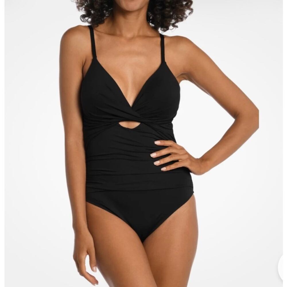 La Blanca Island Goddess Cross Front Keyhole One Piece Swimsuit Black 12 NWT